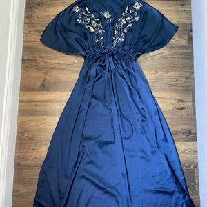 Elegant Silk Navy Blue Embroidered Gown